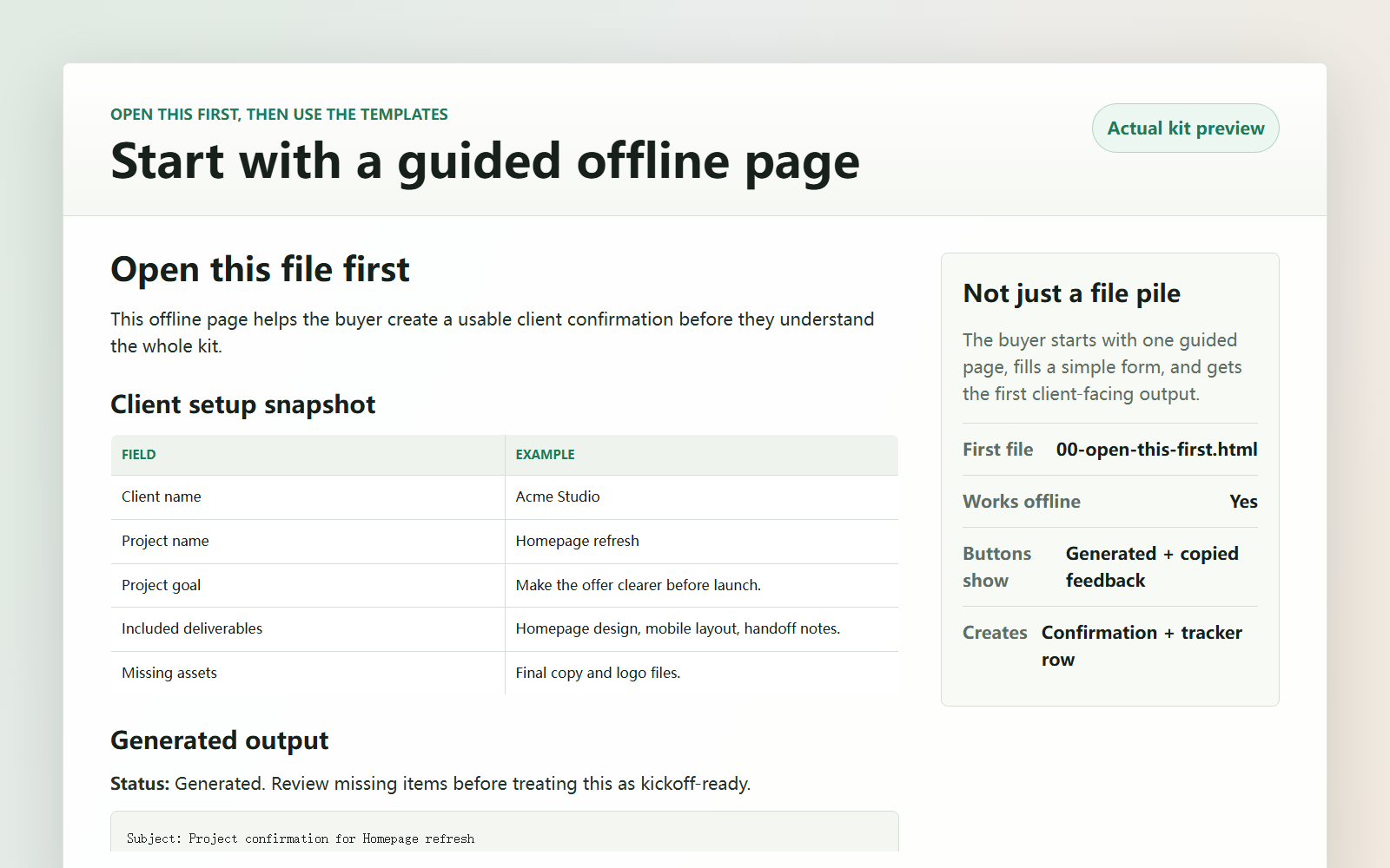 Screenshot of the offline guided start page