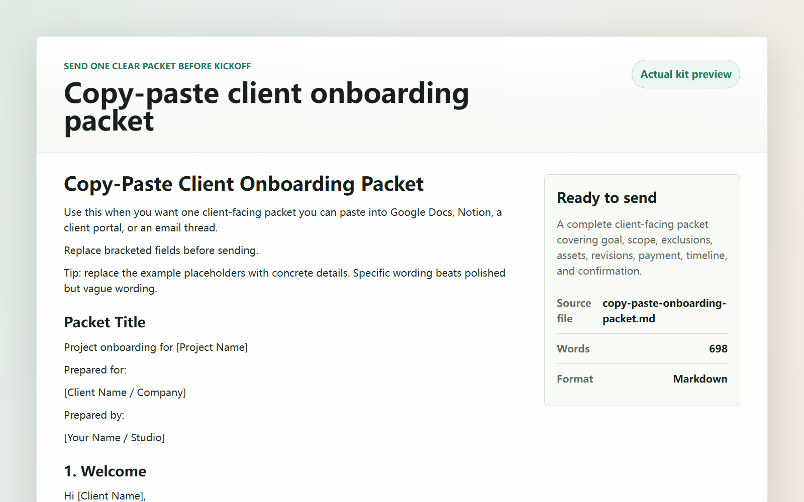 Screenshot of the copy-paste onboarding packet